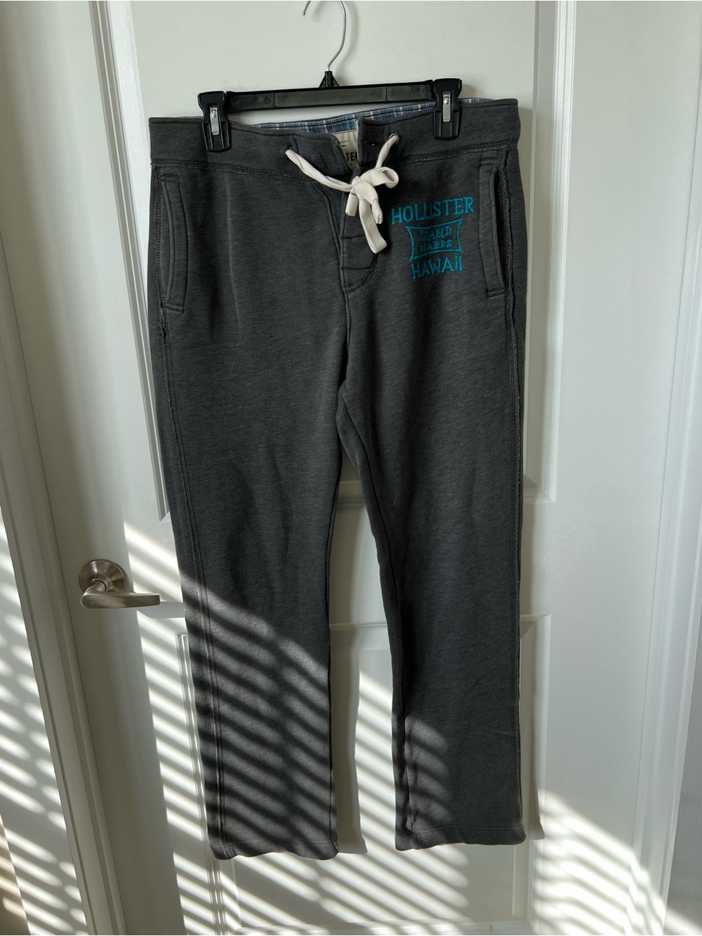 Hollister Charcoal Sweatpants with White Drawstring and Teal Logo